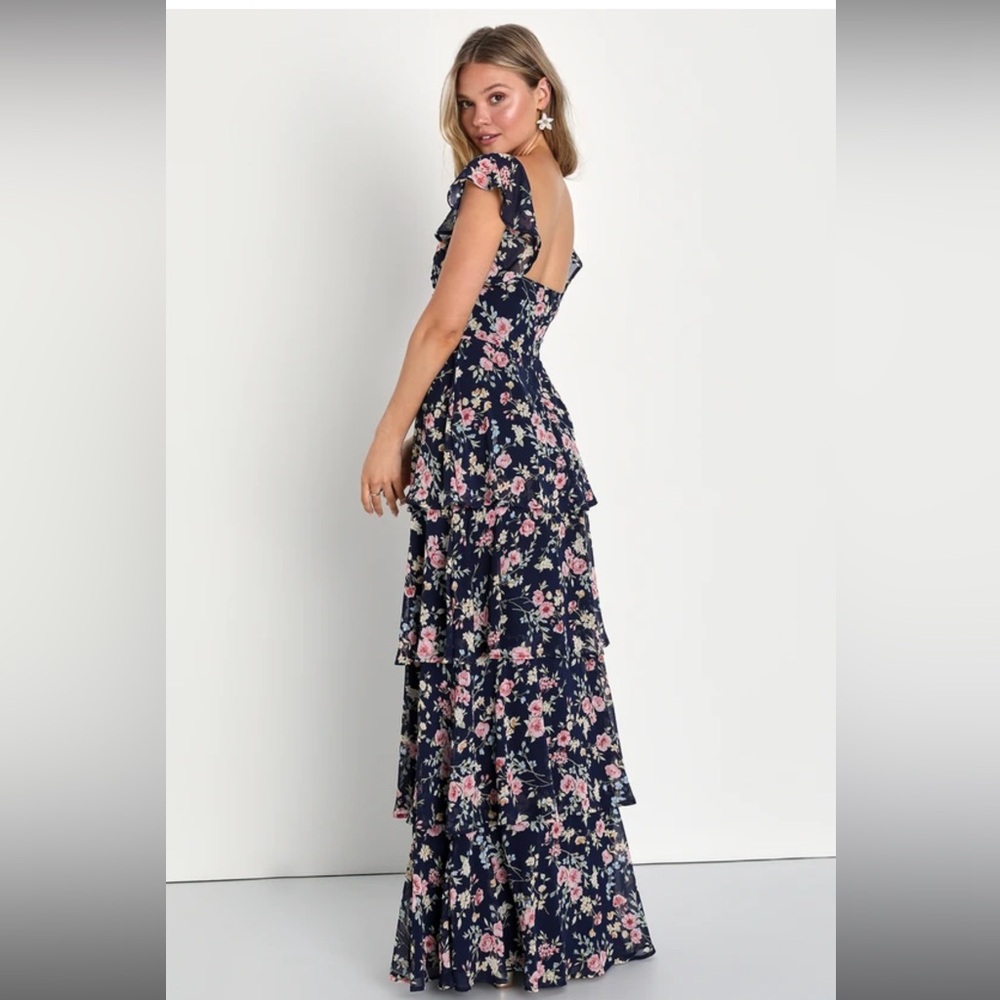 Charming Passion Navy Blue Floral Off-the-Shoulder Maxi Dress